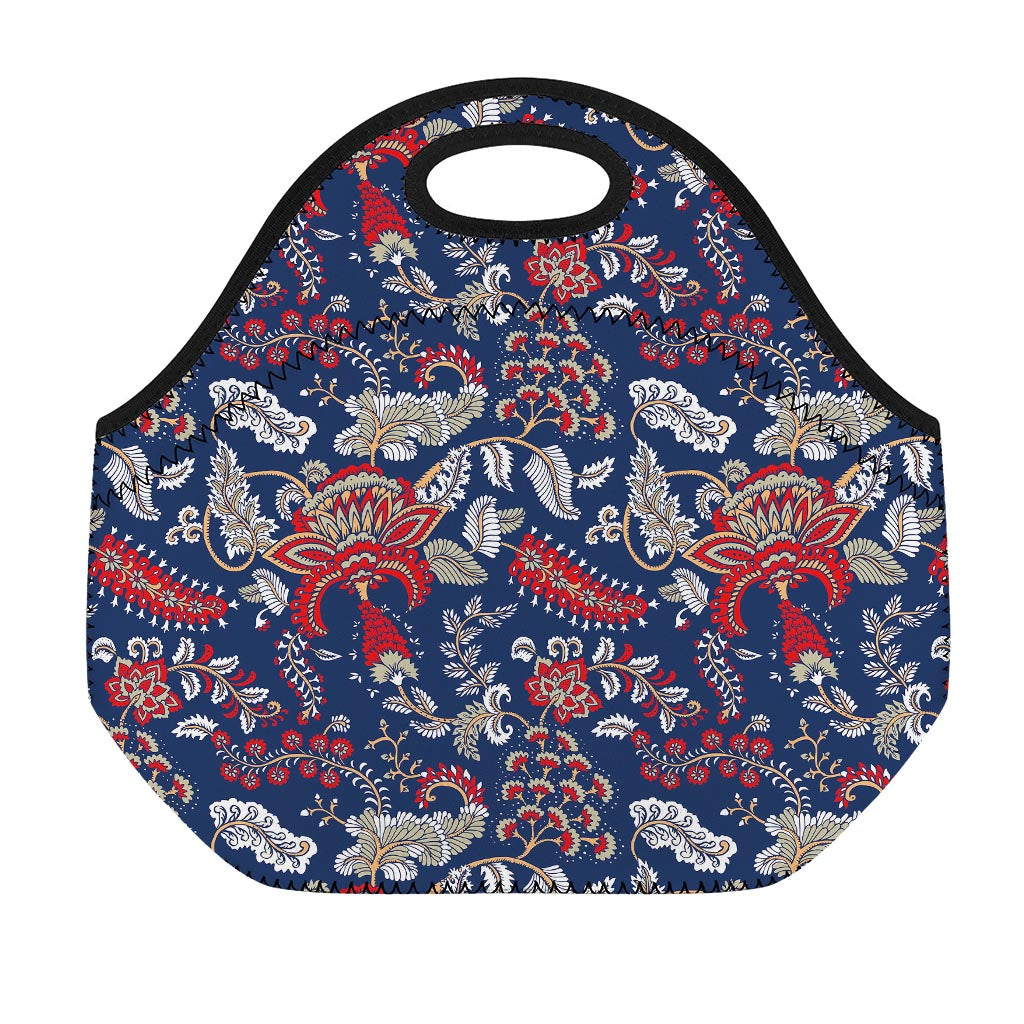 Blue Vintage Bohemian Floral Print Neoprene Lunch Bag