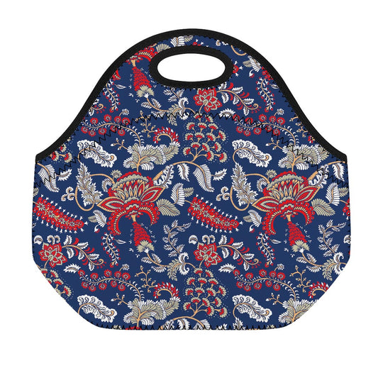 Blue Vintage Bohemian Floral Print Neoprene Lunch Bag