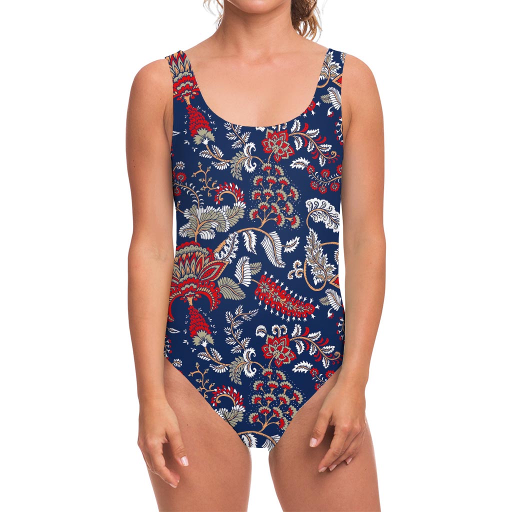 Blue Vintage Bohemian Floral Print One Piece Swimsuit