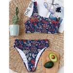 Blue Vintage Bohemian Floral Print One Shoulder Bikini Top