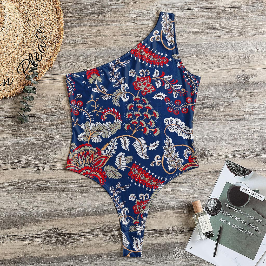 Blue Vintage Bohemian Floral Print One Shoulder Bodysuit