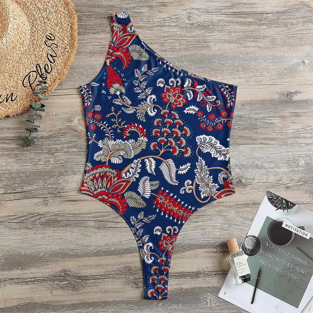 Blue Vintage Bohemian Floral Print One Shoulder Bodysuit