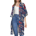 Blue Vintage Bohemian Floral Print Open Front Beach Cover Up