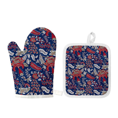 Blue Vintage Bohemian Floral Print Oven Mitt And Pot Holder Set