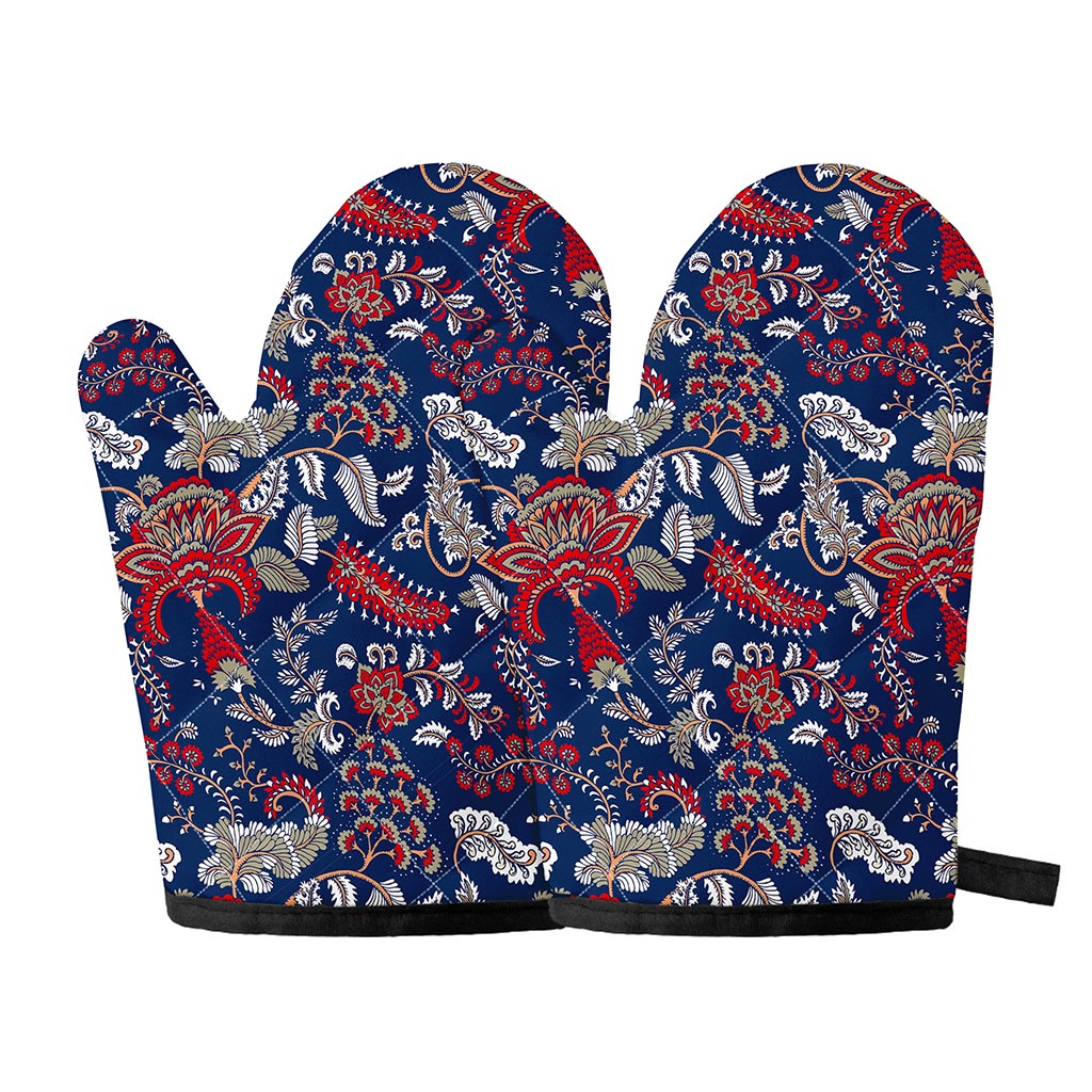 Blue Vintage Bohemian Floral Print Oven Mitts