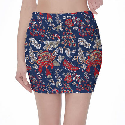 Blue Vintage Bohemian Floral Print Pencil Mini Skirt