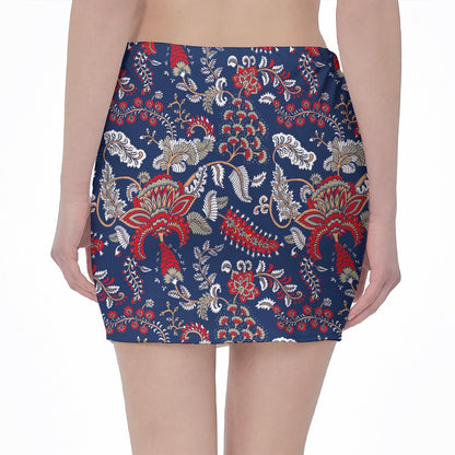 Blue Vintage Bohemian Floral Print Pencil Mini Skirt