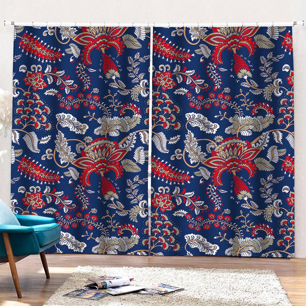 Blue Vintage Bohemian Floral Print Pencil Pleat Curtains