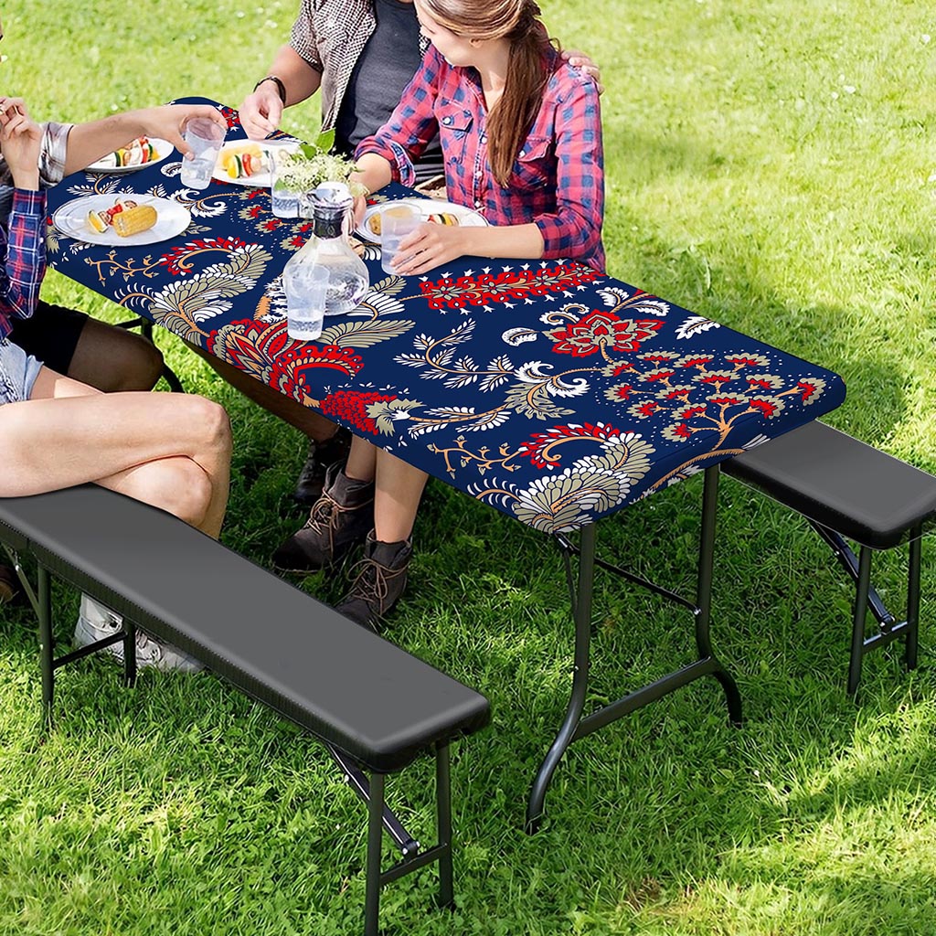 Blue Vintage Bohemian Floral Print Picnic Table Cover