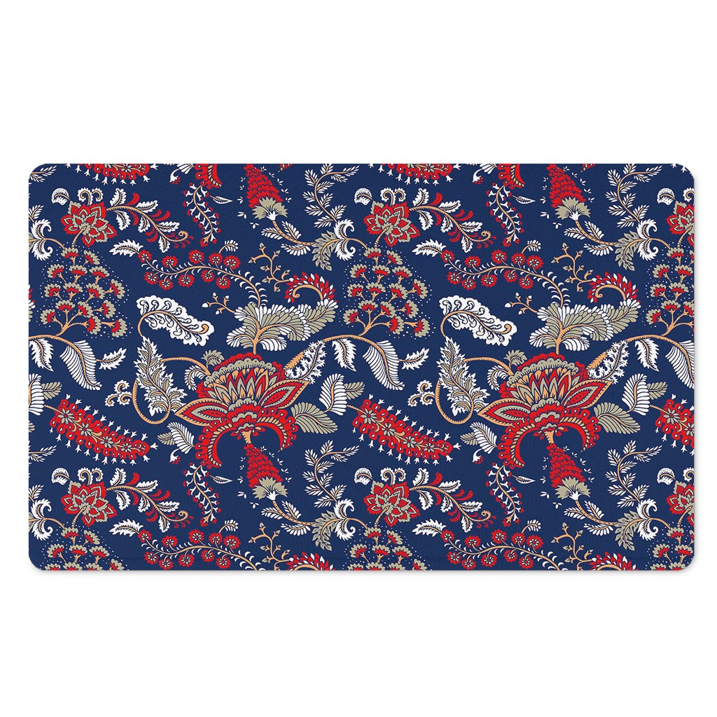 Blue Vintage Bohemian Floral Print Polyester Doormat