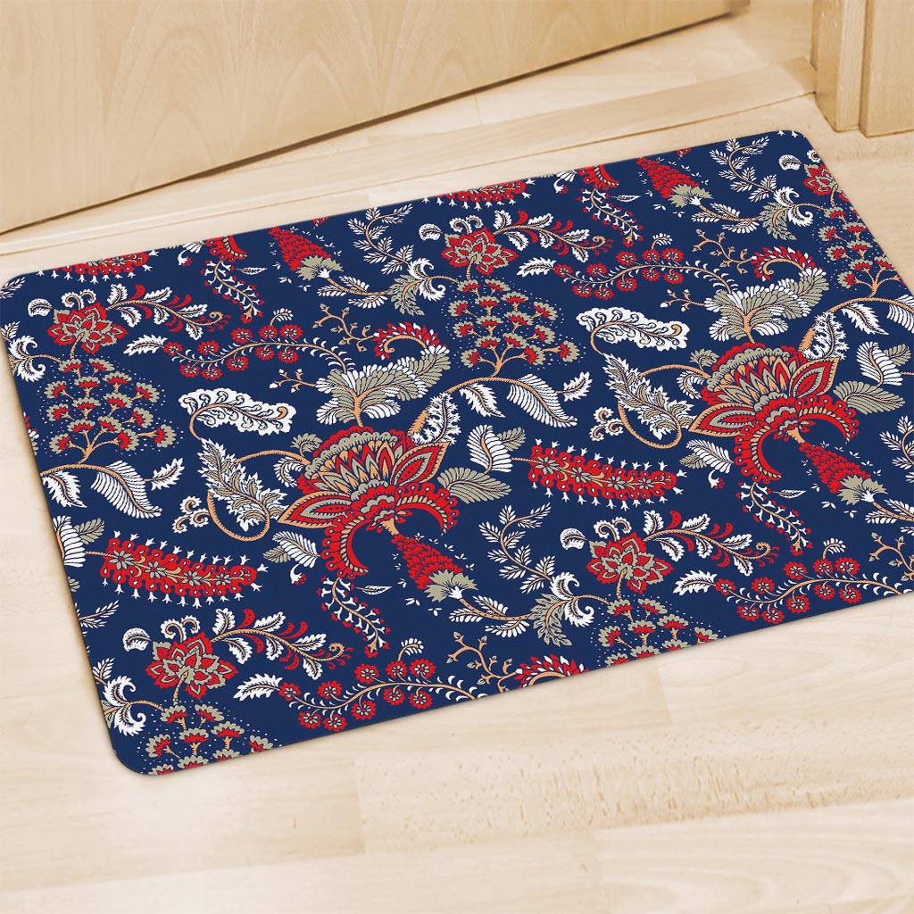 Blue Vintage Bohemian Floral Print Polyester Doormat
