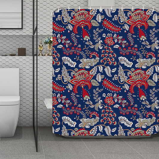 Blue Vintage Bohemian Floral Print Polyester Shower Curtain