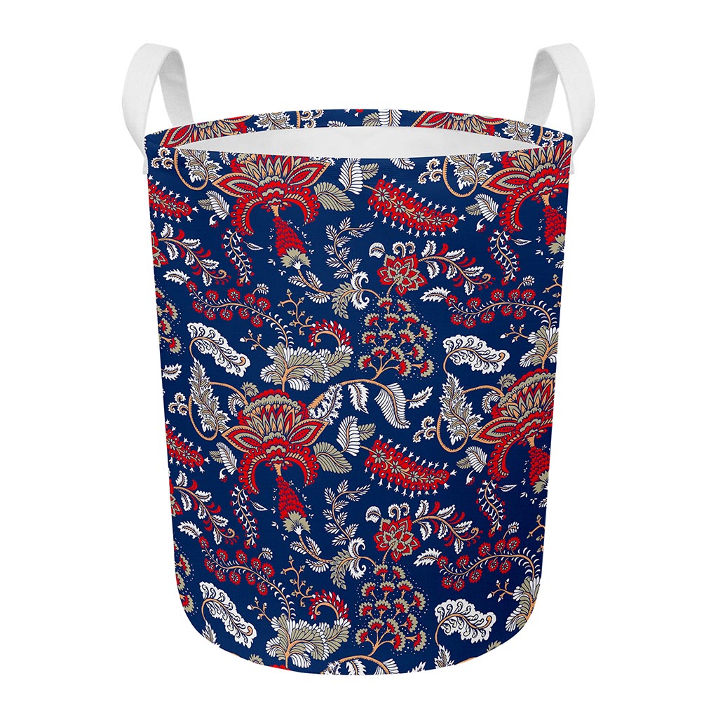 Blue Vintage Bohemian Floral Print Round Laundry Basket