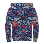 Blue Vintage Bohemian Floral Print Sherpa Lined Zip Up Hoodie