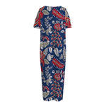 Blue Vintage Bohemian Floral Print Short Sleeve Long Nightdress