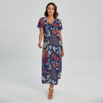 Blue Vintage Bohemian Floral Print Short Sleeve Maxi Dress