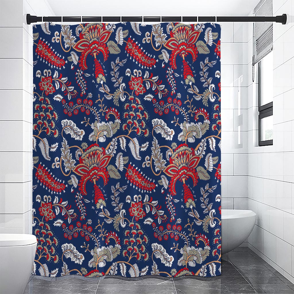 Blue Vintage Bohemian Floral Print Shower Curtain