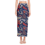 Blue Vintage Bohemian Floral Print Side Slit Maxi Skirt