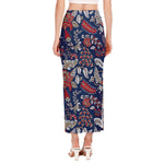 Blue Vintage Bohemian Floral Print Side Slit Maxi Skirt