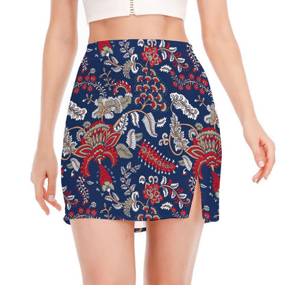 Blue Vintage Bohemian Floral Print Side Slit Mini Skirt