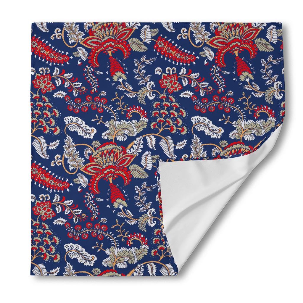 Blue Vintage Bohemian Floral Print Silk Bandana