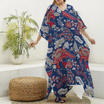 Blue Vintage Bohemian Floral Print Silk V-Neck Kaftan Dress