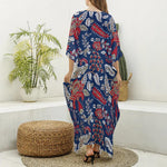 Blue Vintage Bohemian Floral Print Silk V-Neck Kaftan Dress