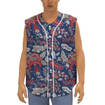 Blue Vintage Bohemian Floral Print Sleeveless Baseball Jersey