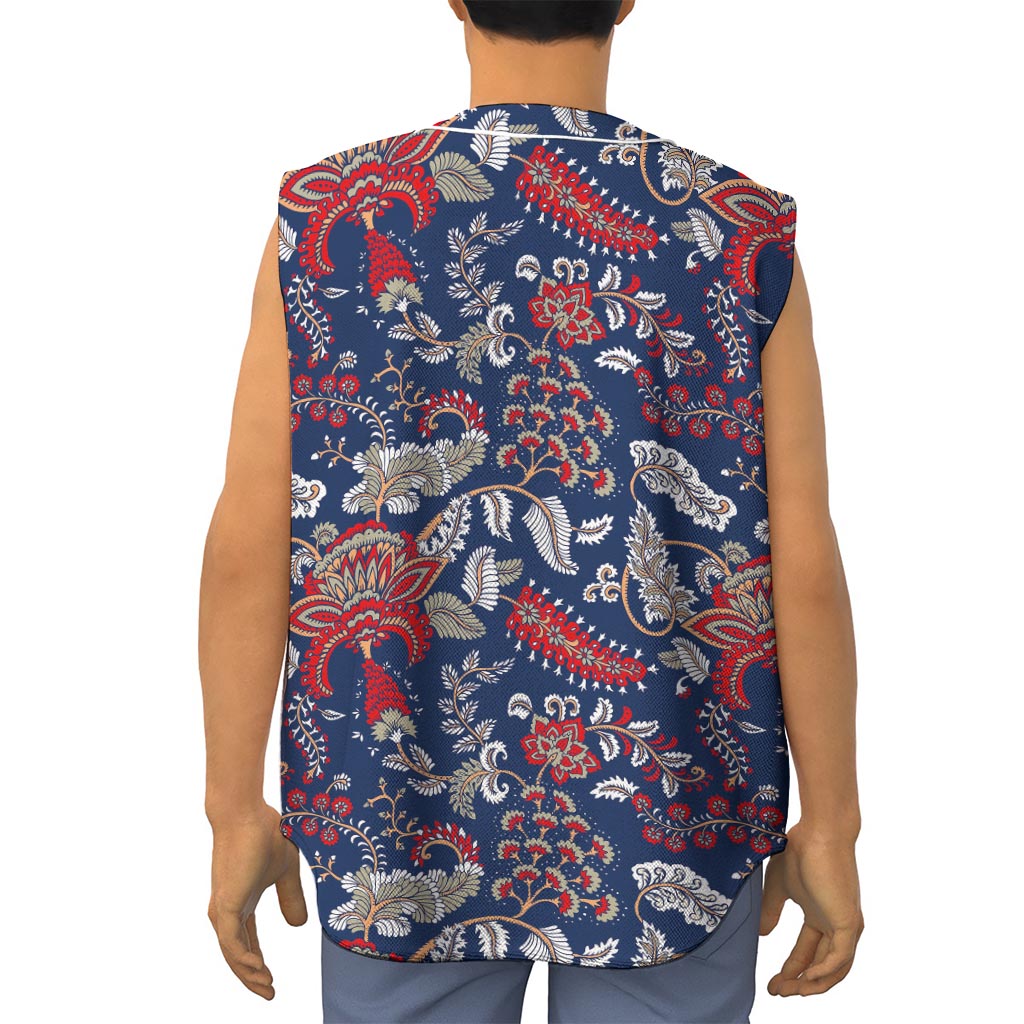 Blue Vintage Bohemian Floral Print Sleeveless Baseball Jersey