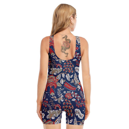 Blue Vintage Bohemian Floral Print Sleeveless One Piece Swimsuit