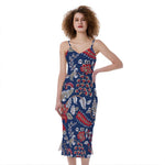 Blue Vintage Bohemian Floral Print Slim Fit Midi Cami Dress