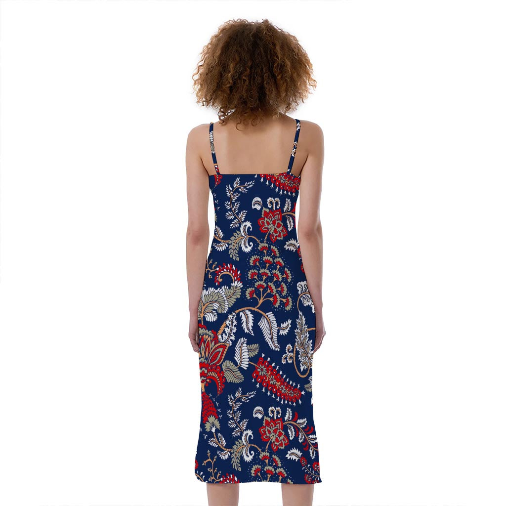 Blue Vintage Bohemian Floral Print Slim Fit Midi Cami Dress