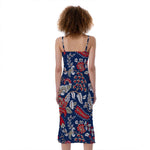 Blue Vintage Bohemian Floral Print Slim Fit Midi Cami Dress