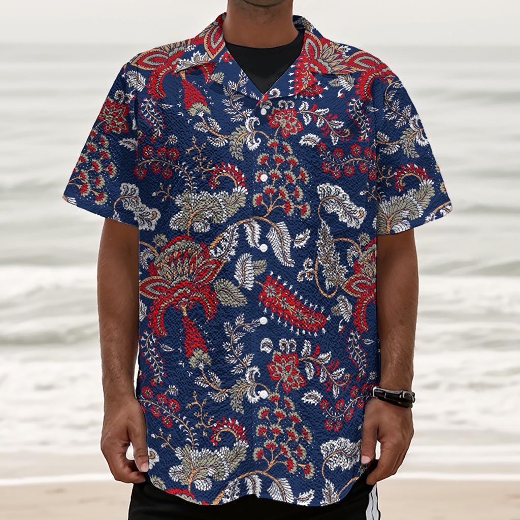 Blue Vintage Bohemian Floral Print Textured Short Sleeve Shirt