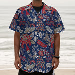 Blue Vintage Bohemian Floral Print Textured Short Sleeve Shirt