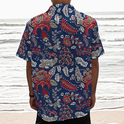 Blue Vintage Bohemian Floral Print Textured Short Sleeve Shirt