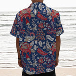 Blue Vintage Bohemian Floral Print Textured Short Sleeve Shirt