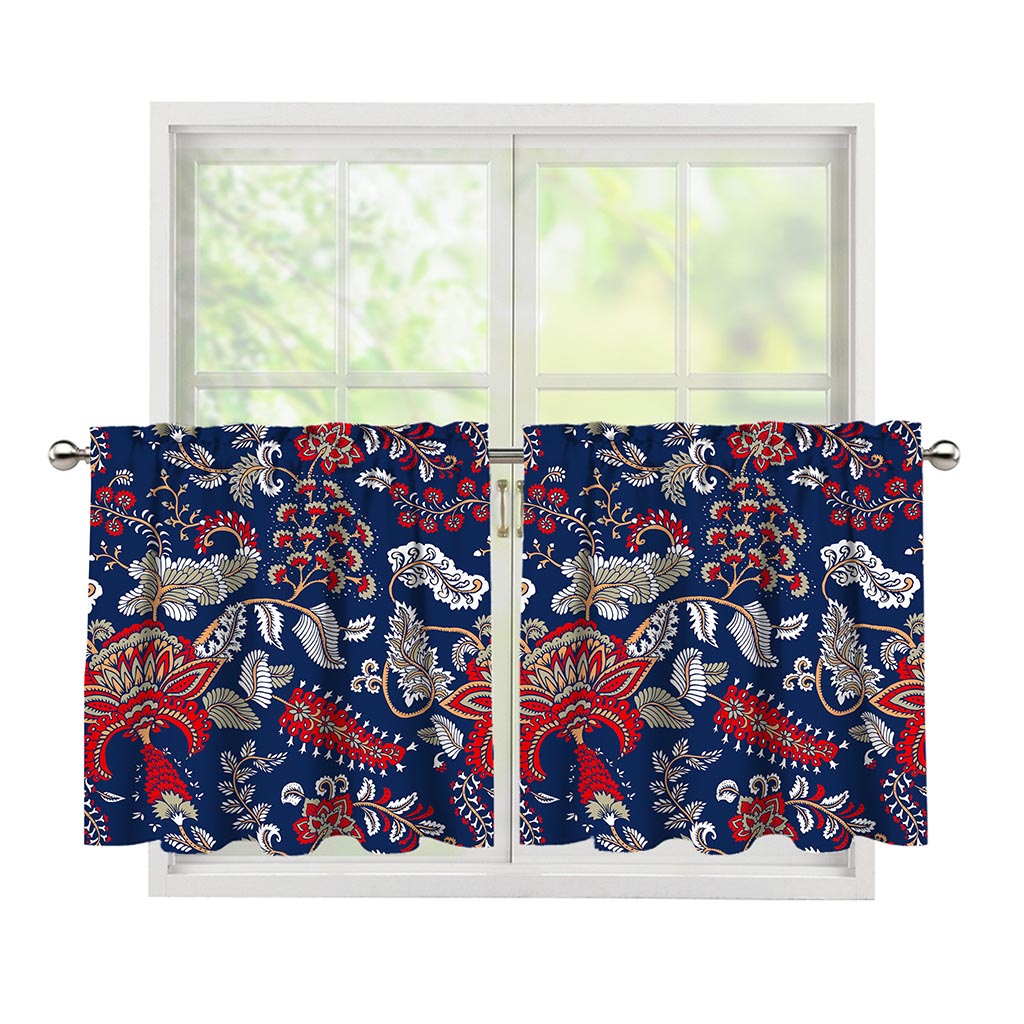 Blue Vintage Bohemian Floral Print Tier Curtains