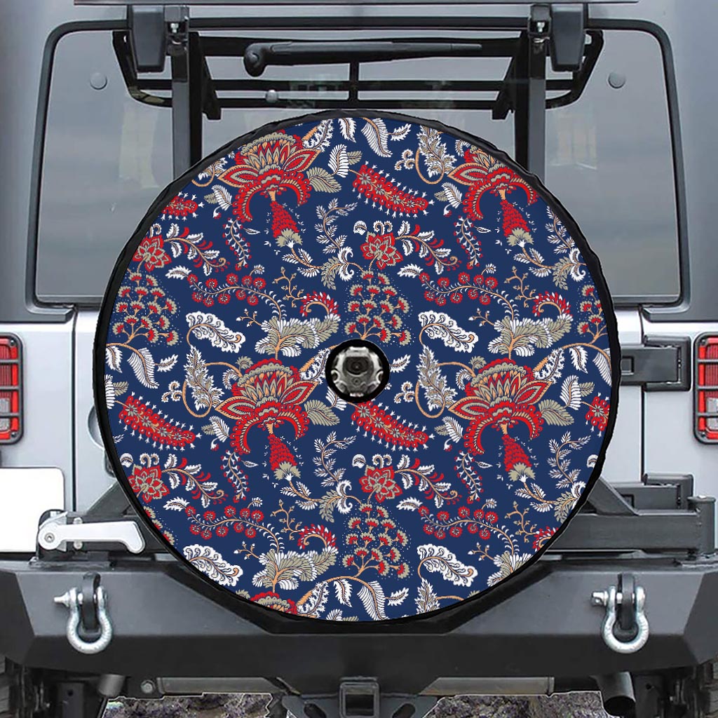 Blue Vintage Bohemian Floral Print Tire Cover With Camera Hole