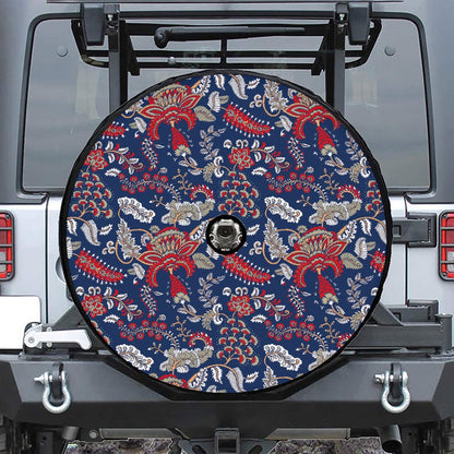 Blue Vintage Bohemian Floral Print Tire Cover With Camera Hole