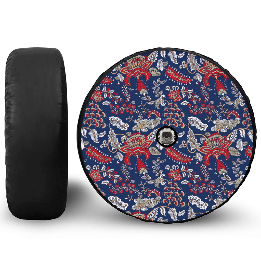 Blue Vintage Bohemian Floral Print Tire Cover With Camera Hole