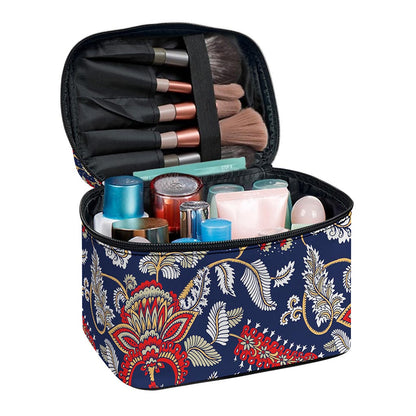 Blue Vintage Bohemian Floral Print Travel Makeup Bag