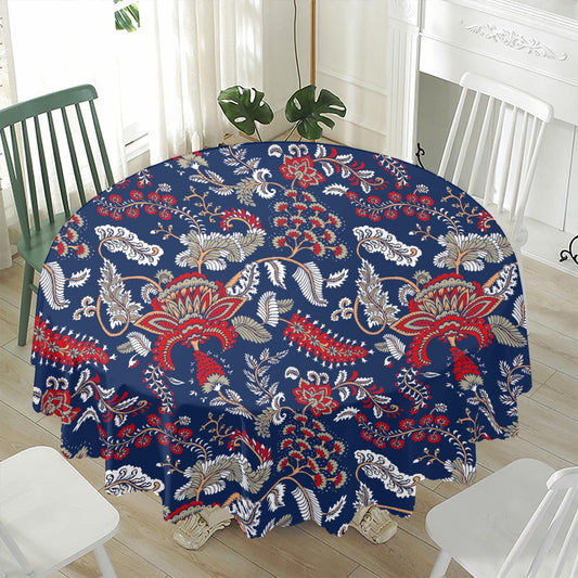 Blue Vintage Bohemian Floral Print Waterproof Round Tablecloth