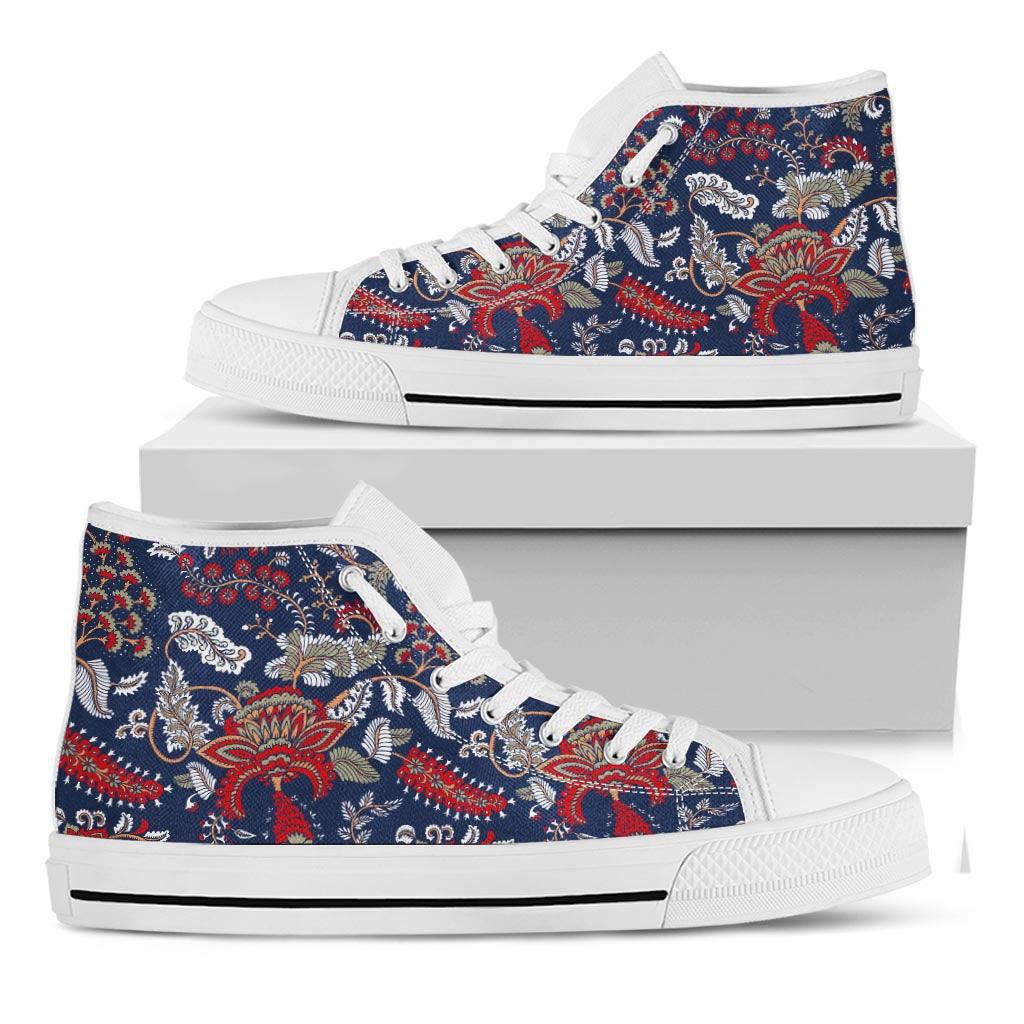 Blue Vintage Bohemian Floral Print White High Top Sneakers