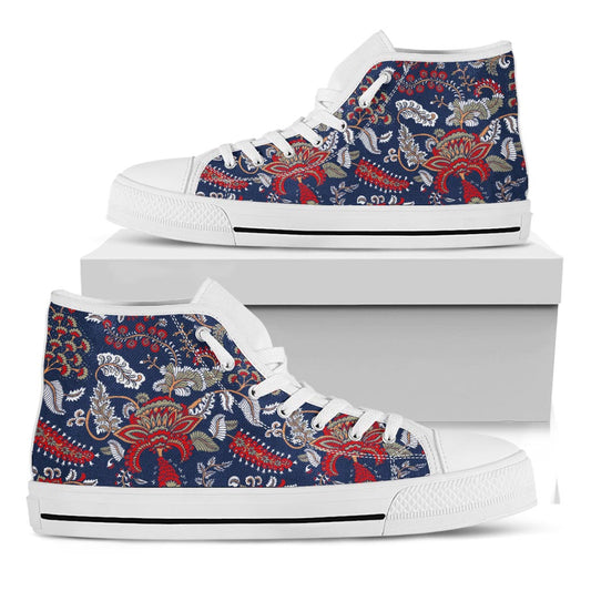 Blue Vintage Bohemian Floral Print White High Top Sneakers