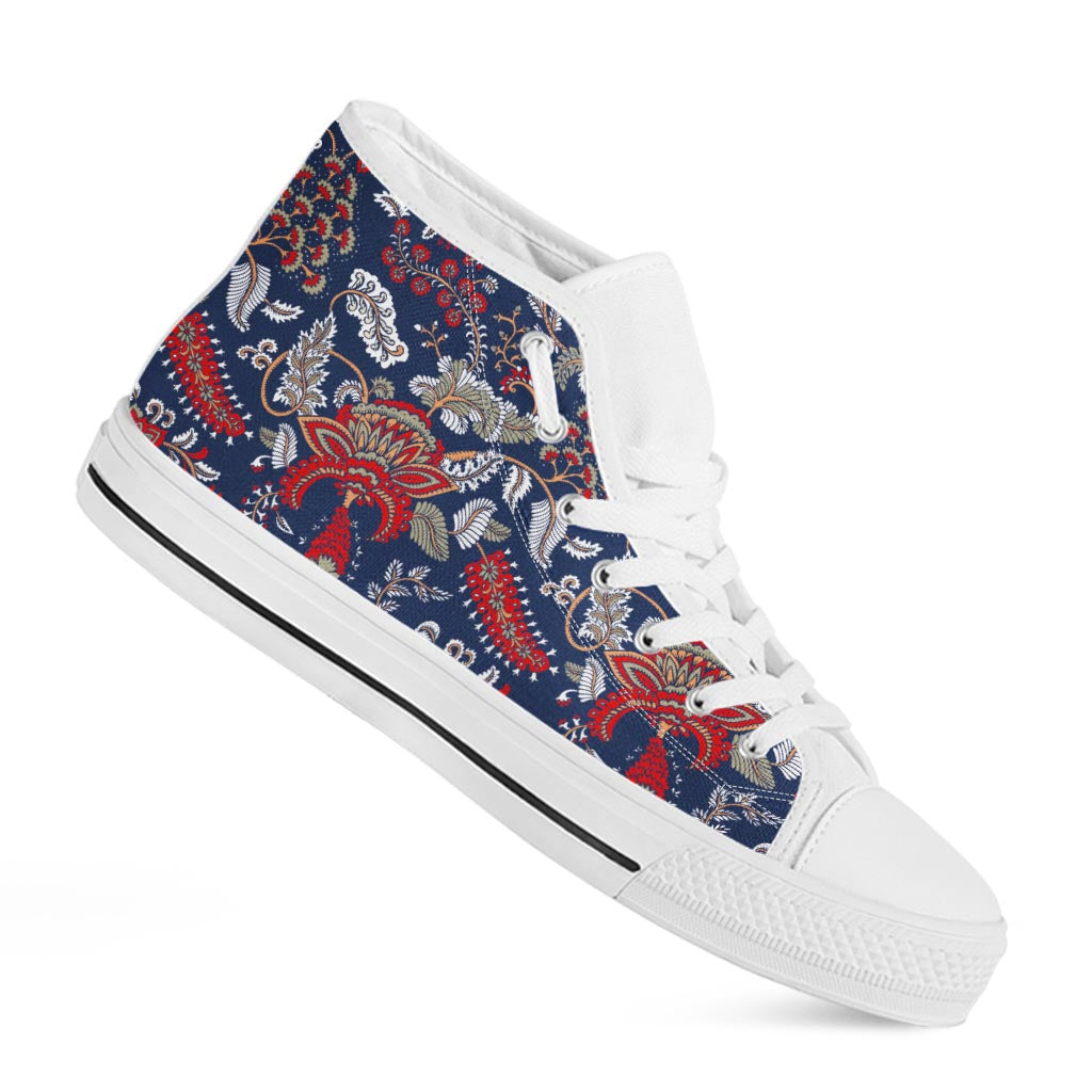 Blue Vintage Bohemian Floral Print White High Top Sneakers