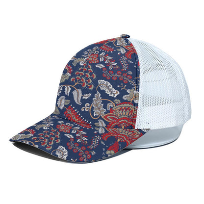 Blue Vintage Bohemian Floral Print White Mesh Trucker Cap