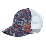 Blue Vintage Bohemian Floral Print White Mesh Trucker Cap