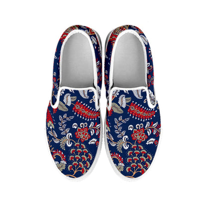Blue Vintage Bohemian Floral Print White Slip On Sneakers