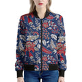 Blue Vintage Bohemian Floral Print Women's Bomber Jacket